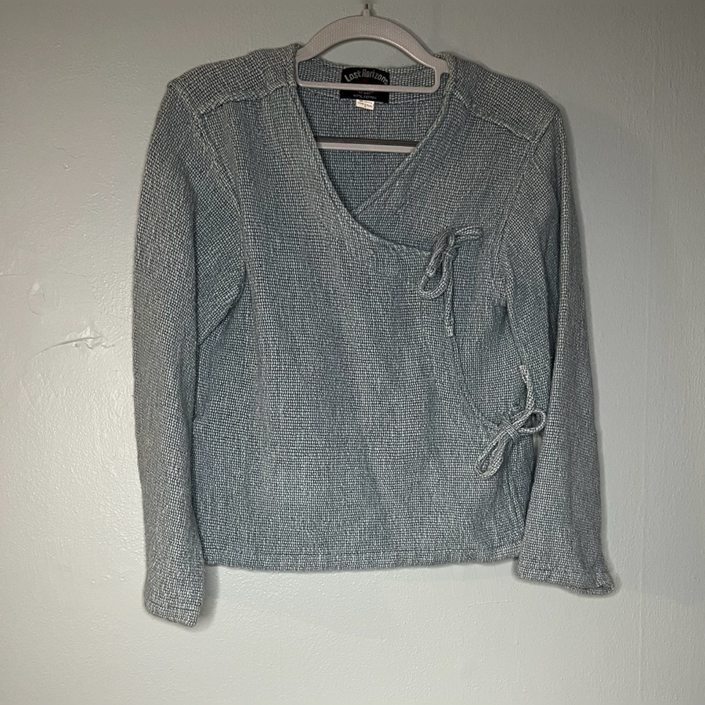 Lost Horizons light blue tie front wrap sweater cardigan 100% cotton‎
